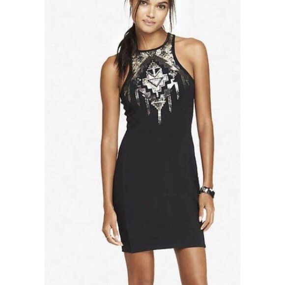 Express Women Navy Blue Aztec Sequin Bodycon Dress Size L - Picture 4 of 9